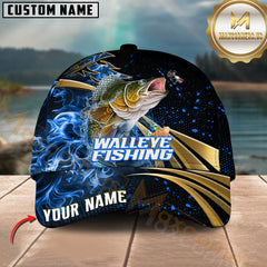 Maxcorners Walleye Fishing Fire Gold Pattern With Blue Flame Pattern Sport Pattern Personalized Name 3D Cap MT78