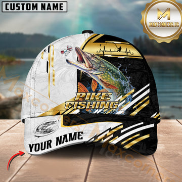 Maxcorners Pike Fishing Black White Gold Premium Pattern Sport Pattern Personalized Name 3D Cap MT78