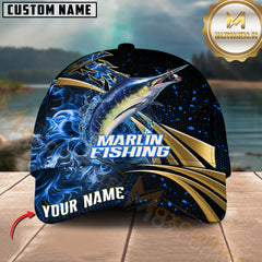 Maxcorners Marlin Fishing Fire Gold Pattern With Blue Flame Pattern Sport Pattern Personalized Name 3D Cap MT78