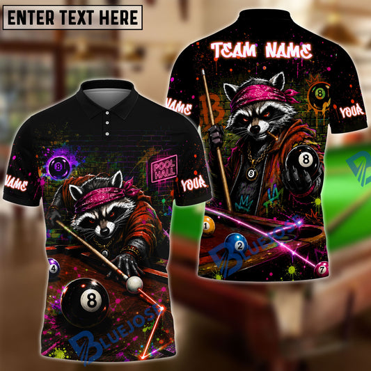 Maxcorners Billiards 8 Ball Fierce Neon Raccoon Bandana Personalized Name Shirt (4 Colors)