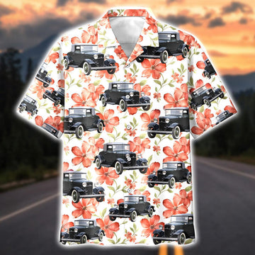Maxcorners Personalized Hot Rod Classic Car Red Floral Hawaiian Shirt