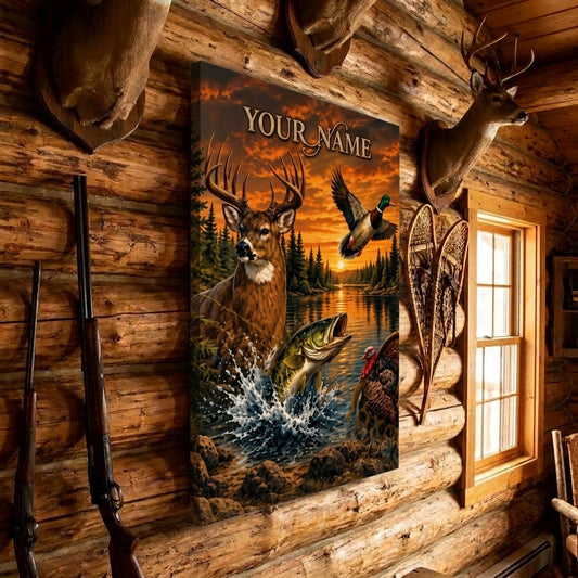 Maxcorners Hunting Deer Duck Bass Turkey Sunset Lake Sunset Wildlife Scene Canvas Wall Art