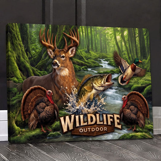 Maxcorners Wildlife Deer Duck Bass Fish Turkey Forest Stream Outdoor Hunting Decor Canvas Wall Art
