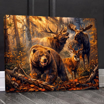 Maxcorners Wildlife Hunting Bear Elk Moose Deer Forest Scene Canvas Wall Art