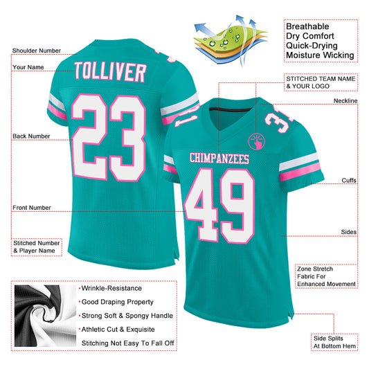 Maxcorners Custom Aqua White-Pink Mesh Authentic Football Jersey LM2605