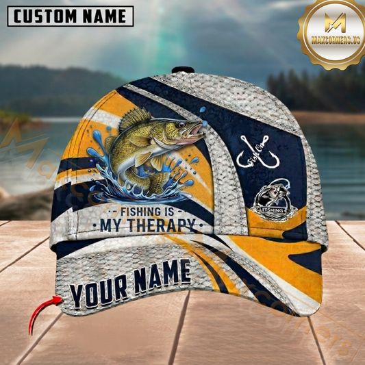 Maxcorners Fishing Is My Therapy Splash Wave Textured Pattern Custom Name Fishing Cap