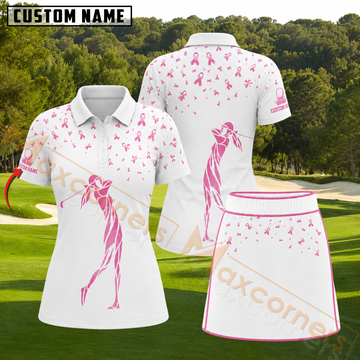Maxcorners Pink Ribbon Golfer Silhouette Personalized Name 3D Golf Shirt and Golf Skirt