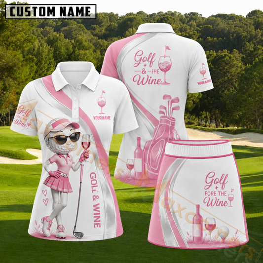 Maxcorners Pink Golf and Wine Lady Golfer Personalized Name 3D Golf Shirt and Skirt