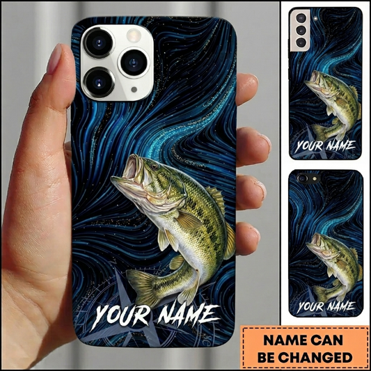 Maxcorners Deep Blue Swirl Compass Art Custom Name Fishing Phone Case