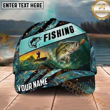 Maxcorners Fishing Teal Gold Angler Scene Personalized Name 3D Cap (12 Fish Species)