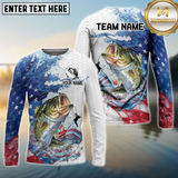 Maxcorners Bass Fishing Patriotic American Flag Wave White Skin Custom Name & Team Name 3D Shirts TU1807