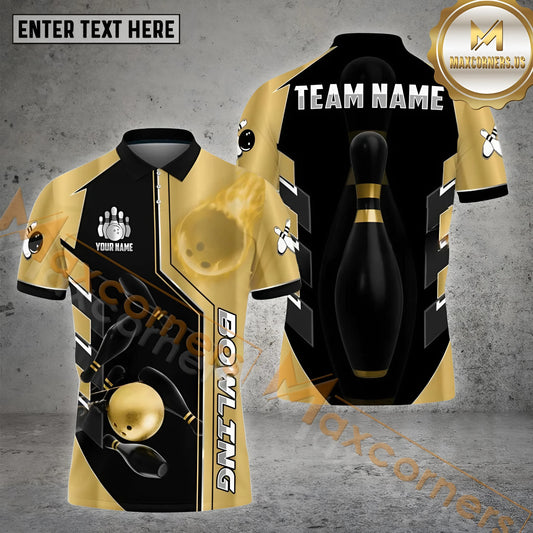 Maxcorners Bowling & Pins Premium Line Pattern Multicolor Option Customized Name, Team Name 3D Polo Shirt (4 Colors)