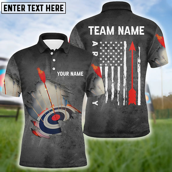 Maxcorners Personalized Us Flag Arrow Archery Polo Shirts For Men, Custom Flaming 3D Target Archery Shirts