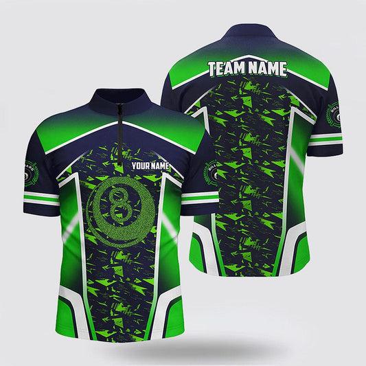 MaxCorners Billiard 8 Ball Abstract Green Customized Name And Team Name 3D Zip Polo Shirt For Men