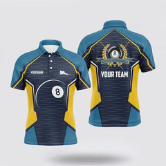 Maxcorners Personalized Blue Yellow 8 Ball Pool Men's Billiard Shirts, 8 Ball Billiard Team Shirt Jersey