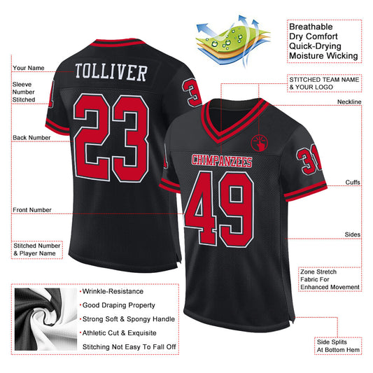Maxcorners Custom Black Red-White Mesh Authentic Throwback Football Jersey LM2605