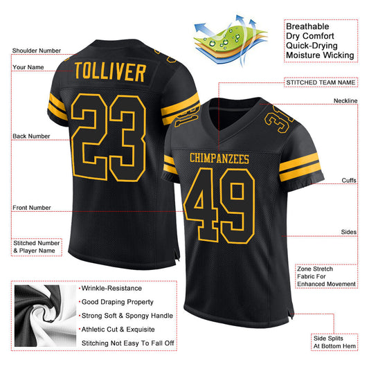 Maxcorners Custom Black Black-Gold Mesh Authentic Football Jersey LM2605