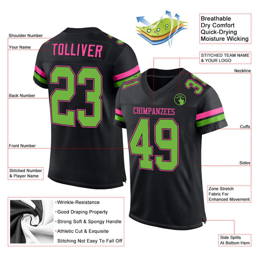 Maxcorners Custom Black Neon Green-Pink Mesh Authentic Football Jersey LM2605