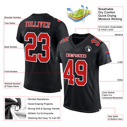 Maxcorners Custom Black Fire Red-White Mesh Authentic Football Jersey LM2605