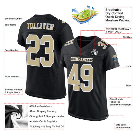 Maxcorners Custom Black Vegas Gold-White Mesh Authentic Football Jersey LM2605