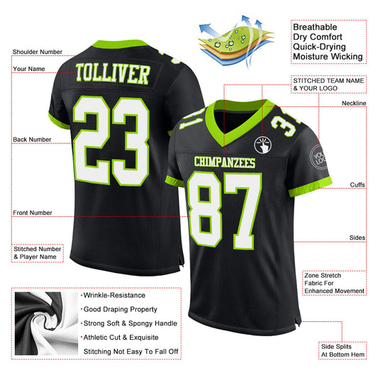 Maxcorners Custom Black White-Neon Green Mesh Authentic Football Jersey LM2605