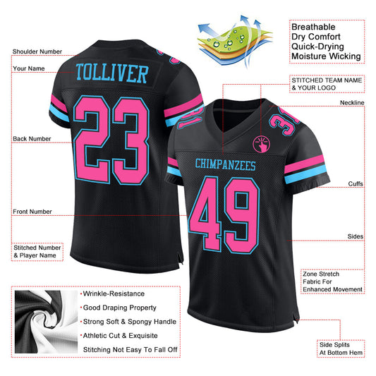 Maxcorners Custom Black Pink-Sky Blue Mesh Authentic Football Jersey LM2605