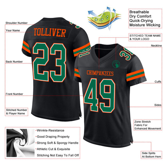 Maxcorners Custom Black Kelly Green-Orange Mesh Authentic Football Jersey LM2605