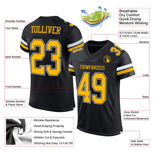 Maxcorners Custom Black Gold-White Mesh Authentic Football Jersey LM2605