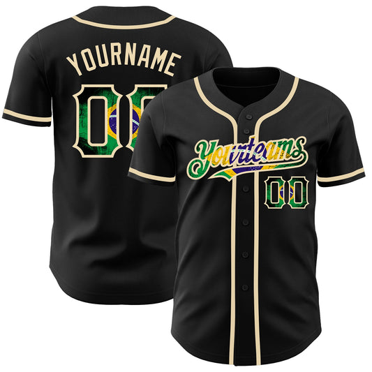 Maxcorners Custom Black Vintage Brazilian Flag-City Cream Authentic Baseball Jersey LM2605