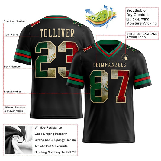 Maxcorners Custom Black Vintage Mexican Flag Kelly Green Red-City Cream Authentic Football Jersey LM2605