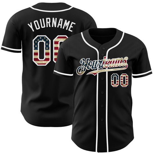 Maxcorners Custom Black Vintage USA Flag-White Authentic Baseball Jersey LM2605