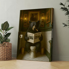 Maxcorners Funny Bear Hunting Bathroom Canvas – Black Bear On Toilet Reading Newspaper - Rustic Lodge Decor for Dad or Hunters