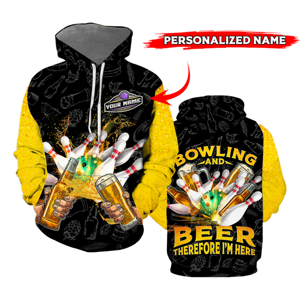 Maxcorners Yellow Bowling And Beer 3D Custom Name Shirt