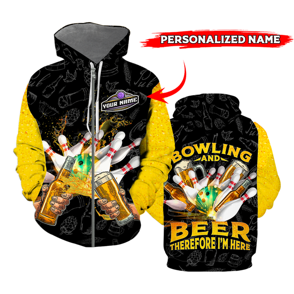 Maxcorners Yellow Bowling And Beer 3D Custom Name Shirt