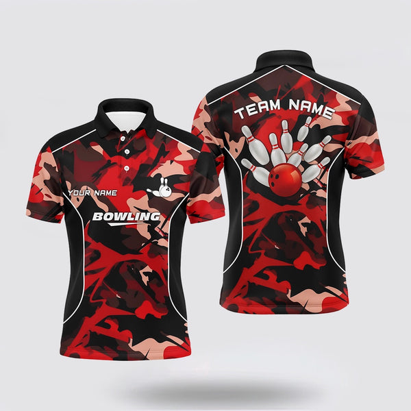 MaxCorners Red Camo Jersey Customized Name 3D And Team Name Bowlings Polo Shirt For Men