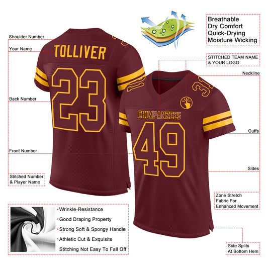 Maxcorners Custom Burgundy Burgundy-Gold Mesh Authentic Football Jersey LM2605