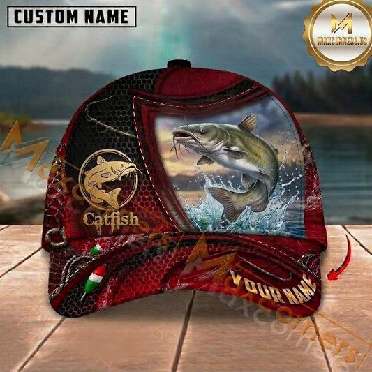 Maxcorners Crimson Black Trophy Catch Custom Name Fishing Cap