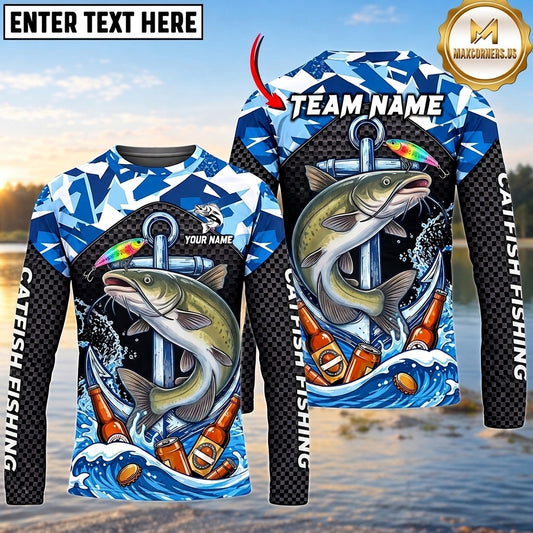 (13 Breeds) Maxcorners Fishing Blue Geometric Camo Bass Beer Anchor Splash Design Custom Name & Team Name 3D Shirts