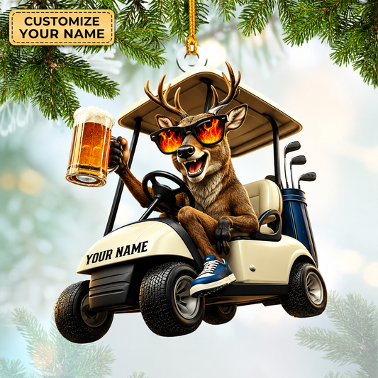 Maxcorners Hunting Deer Driving Golf Cart With Beer Customized Name 3D Keychain And Ornament
