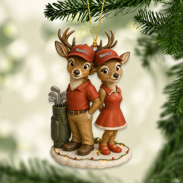 Maxcorners Hunting Deer Golf Couple Red Outfit Customized Names 3D Keychain And Ornament
