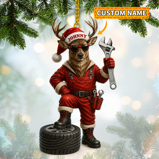 Maxcorners Hunting Deer Mechanic Santa With Wrench Customized Name 3D Keychain And Ornament