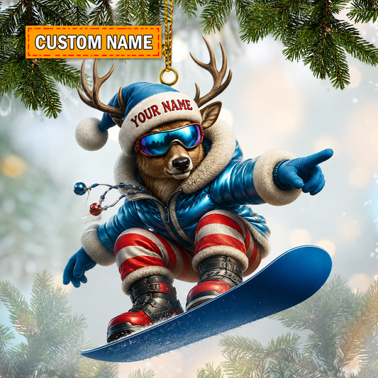 Maxcorners Hunting Deer Snowboarder Santa Christmas Customized Name 3D Keychain And Ornament