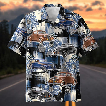Maxcorners Personalized 1930s Antique Classic Car Blue Floral Grunge Hawaiian Shirt