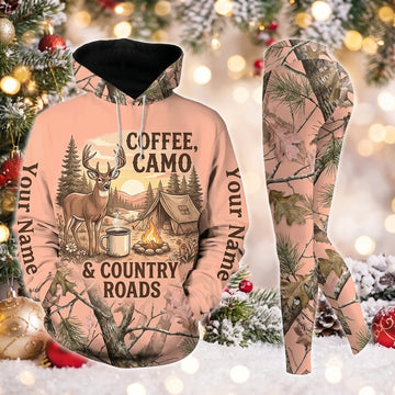 Maxcorners Combo Hunting Coffee Camo & Country Roads Buck Deer Camping Campfire Pink Camo Personalized Name 3D Hoodie Leggings Combo Set