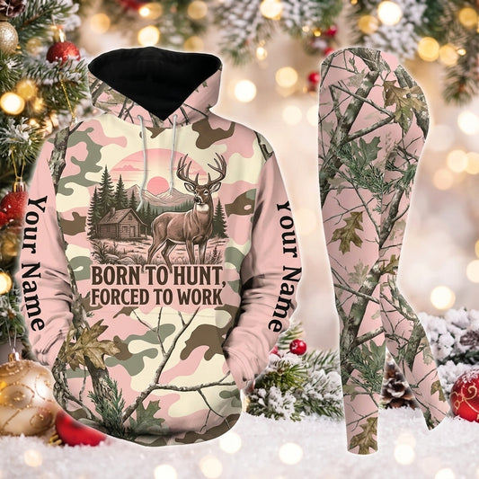 Maxcorners Combo Hunting Born To Hunt Forced To Work Buck Deer Cabin Pink Camo Personalized Name 3D Hoodie Leggings Combo Set