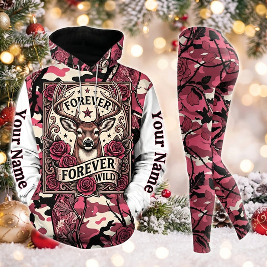 Maxcorners Combo Hunting Forever Wild Deer Roses Vintage Crest Stars Pink Camo Personalized Name 3D Hoodie Leggings Combo Set