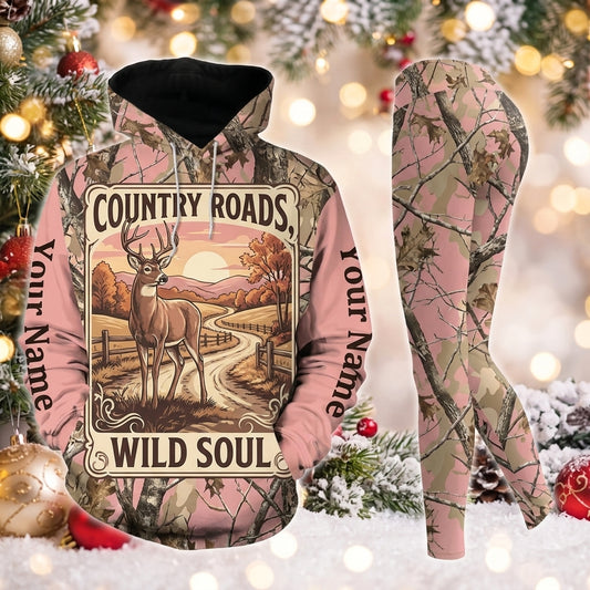 Maxcorners Combo Hunting Country Roads Wild Soul Buck Deer Sunset Countryside Fence Pink Camo Personalized Name 3D Hoodie Leggings Combo Set