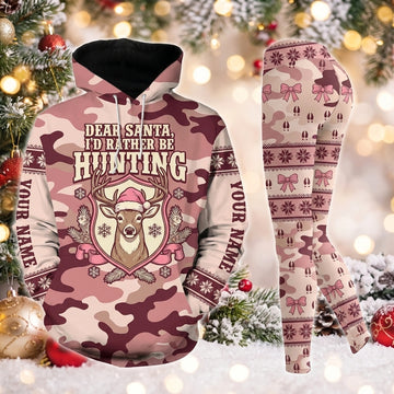 Maxcorners Combo Hunting Dear Santa I'd Rather Be Hunting Deer Santa Hat Bows Pink Camo Personalized Name 3D Hoodie Leggings Combo Set