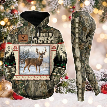 Maxcorners Combo Hunting Hunting Is My Christmas Tradition Whitetail Deer Woodland Camo Deer Tracks Personalized Name 3D Hoodie Leggings Combo Set