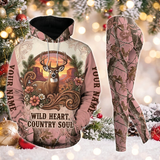 Maxcorners Combo Hunting Wild Heart Country Soul Buck Deer Western Vintage Frame Pink Camo Personalized Name 3D Hoodie Leggings Combo Set
